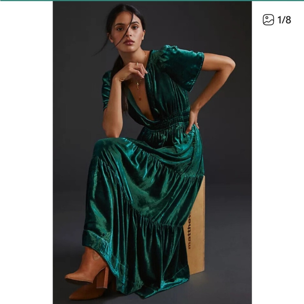 Anthropologie Green Somerset V-Neck Smocked Velvet Maxi Dress X-Small